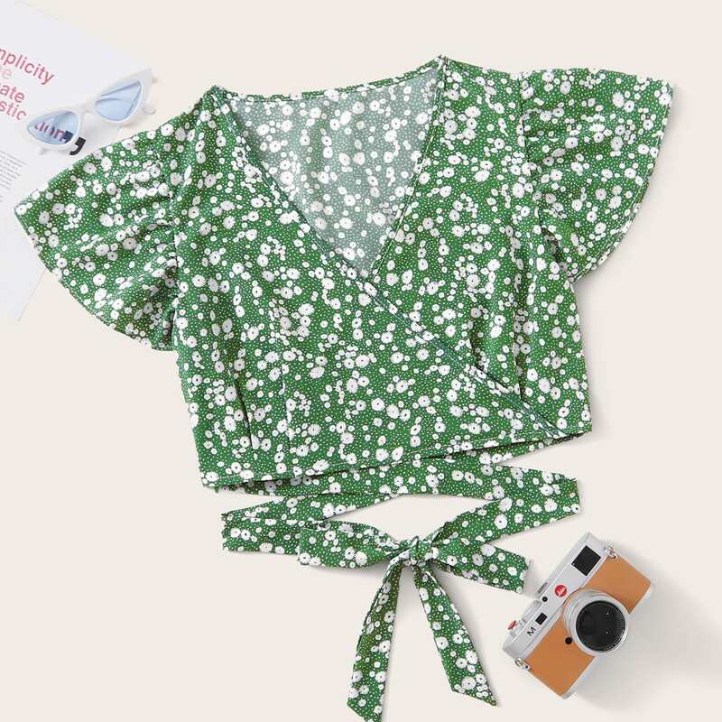 

Ditsy Flower Wrap Tie Back Blouse, Green