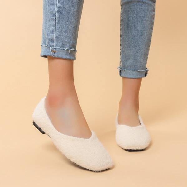 

Square Toe Faux Fur Flats, Beige