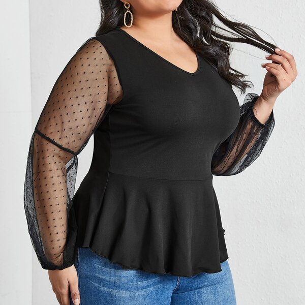 

Plus Dobby Mesh Sleeve Ruffle Hem Top, Black