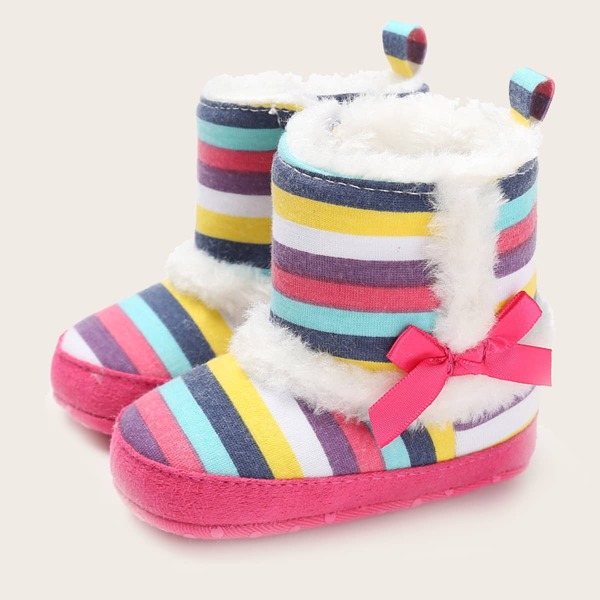 

Baby Girl Bow Decor Striped Warm Snow Boots, Multicolor
