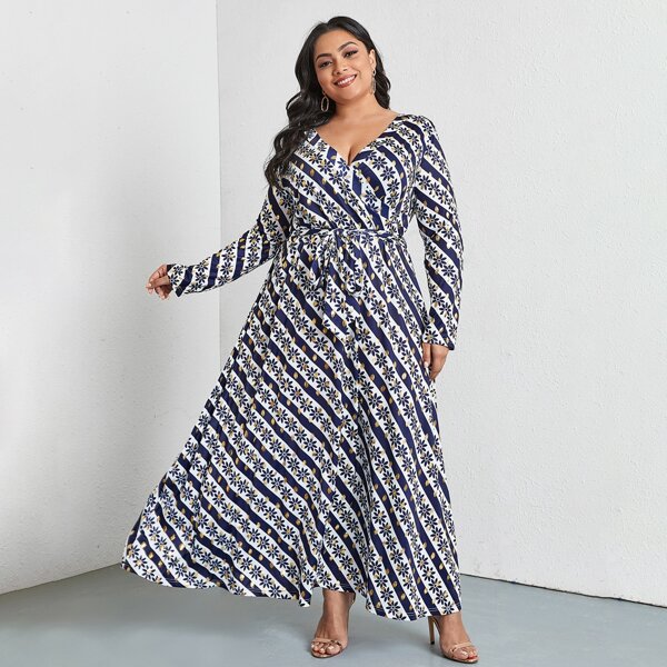 

Plus Allover Floral Print Maxi Belted Dress, Blue and white