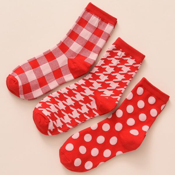 

3pairs Polka Dot Print Crew Socks, Red