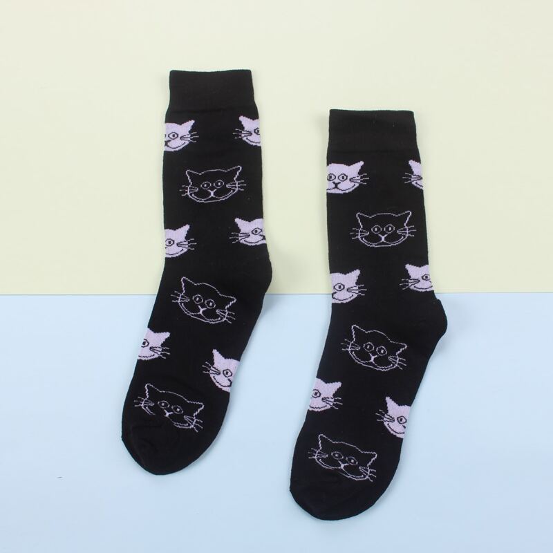 

1pair Cartoon Cat Crew Socks, Black