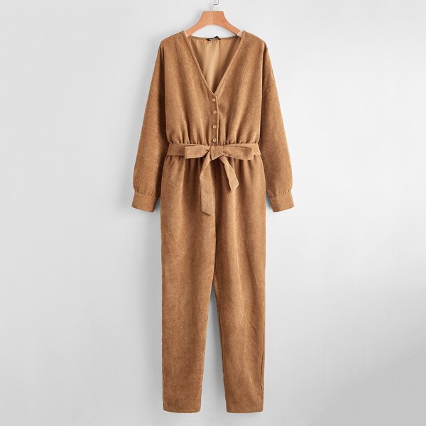 

Plus Button Front Belted Cord Jumpsuit, Brown