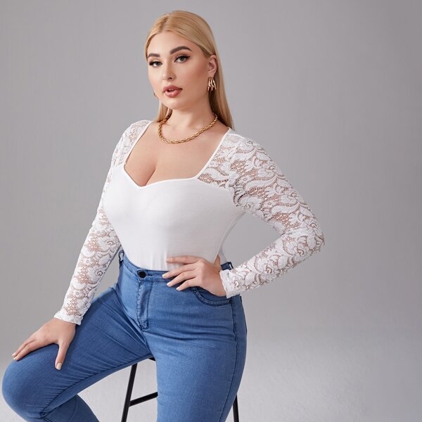 

Plus Sweetheart Neck Lace Tee, White