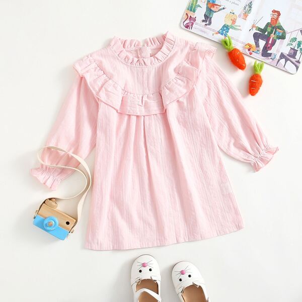

Toddler Girls Flounce Sleeve Ruffle Trim Dress, Baby pink