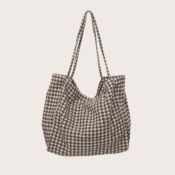 

Houndstooth Pattern Tweed Tote Bag, Brown
