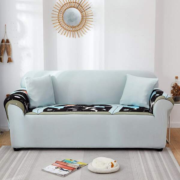 

Cartoon Graphic Stretchy Sofa Cover & 1pc Cushion Cover, Baby blue