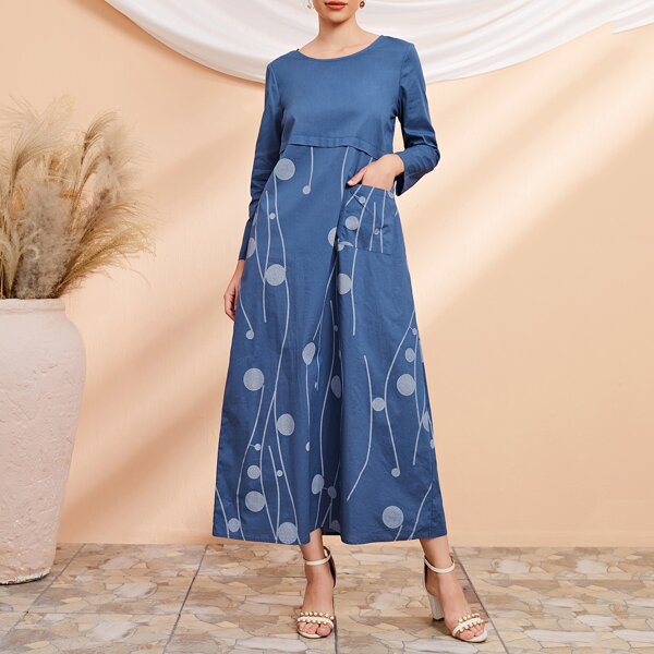 

Polka Dot Pocket Patched Dress, Blue