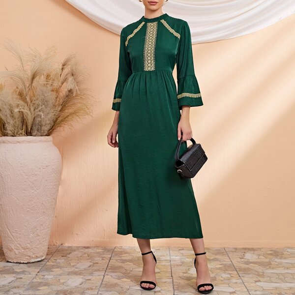 

Guipure Lace Panel Flounce Sleeve Dress, Dark green