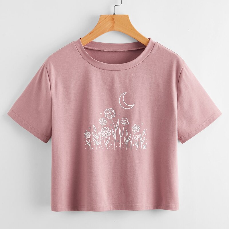 

Moon & Flower Graphic Crop Tee, Dusty pink