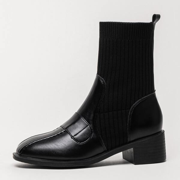 

Contrast Knit Mid Calf Boots, Black