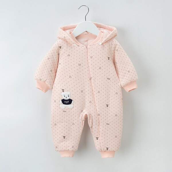 

Baby Girl Cartoon Graphic 3D Ear Design Detachable Hooded Jumpsuit, Baby pink