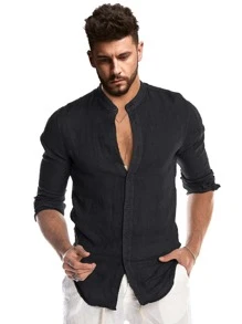 Manfinity RSRT Men Stand Neck Button Up Shirt - Black - View 1