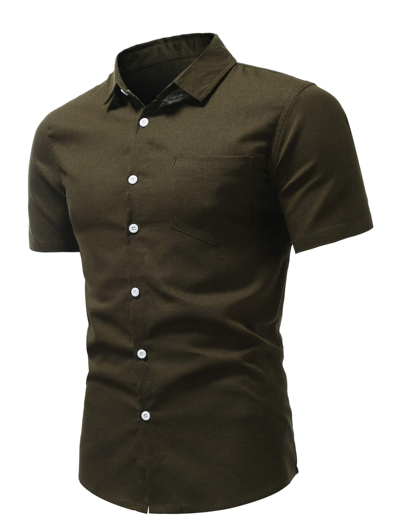 Manfinity Homme Camisa con botón con bolsillo unicolor - Verde militar - Ver 1