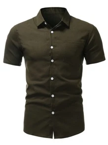 Manfinity Homme Camisa con botón con bolsillo unicolor - Verde militar - Ver 3