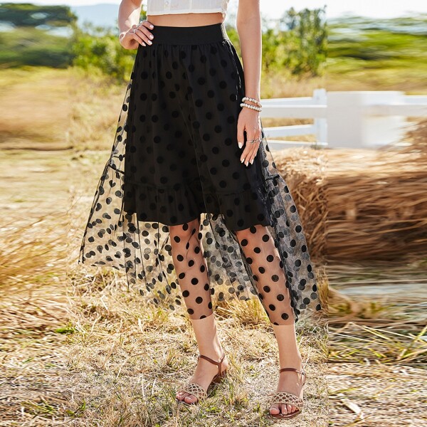 

Contrast Dobby Mesh Skirt, Black