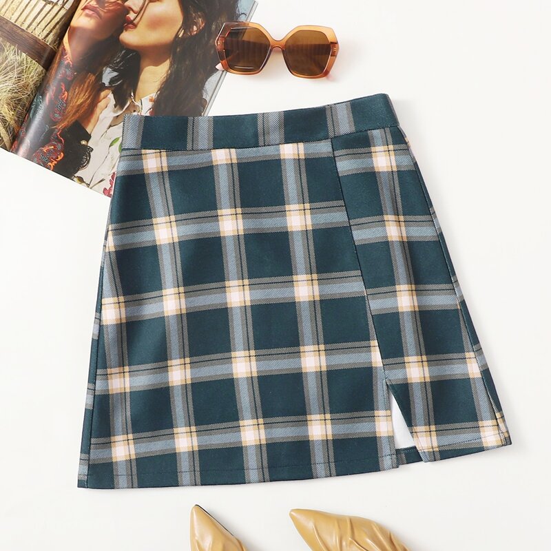 

Plaid Slit Hem Skirt, Multicolor