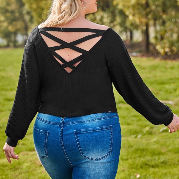 

Plus Lace Up Back Drop Shoulder Crop Tee, Black