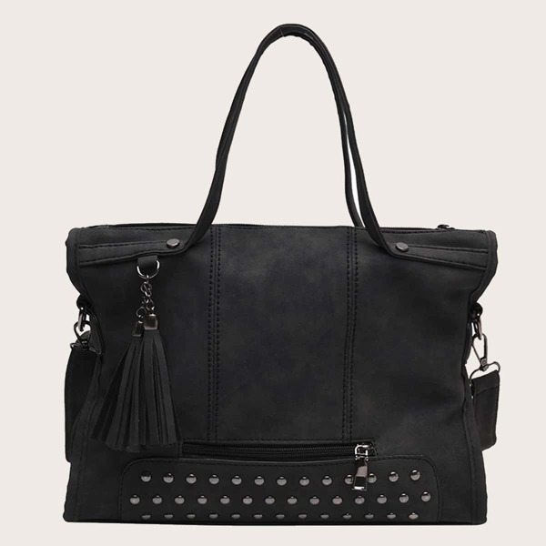 

Tassel Decor Zipper Tote Bag, Black
