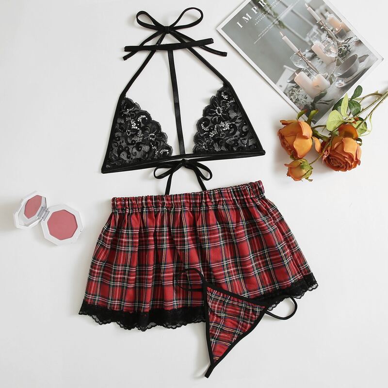 

3pack Tartan Contrast Lace School Girl Costume, Black