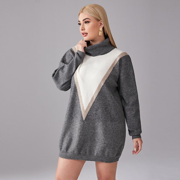 

Plus Funnel Neck Colorblock Sweater Dress, Multicolor