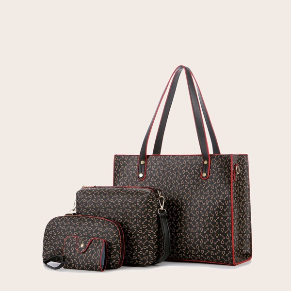 

4pcs Graphic Tote Bag Set, Coffee brown