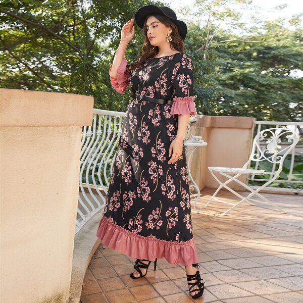 

Plus All Over Floral Print Flounce Sleeve Smock Dress Without Belt, Multicolor