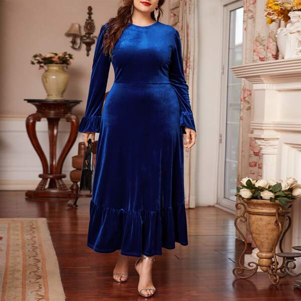

Plus Velvet Ruffle Hem Flounce Sleeve A-line Dress, Navy blue