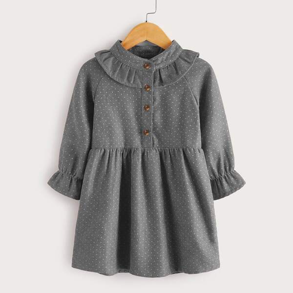 

Toddler Girls Polka Dot Ruffle Trim Corduroy Smock Dress, Grey
