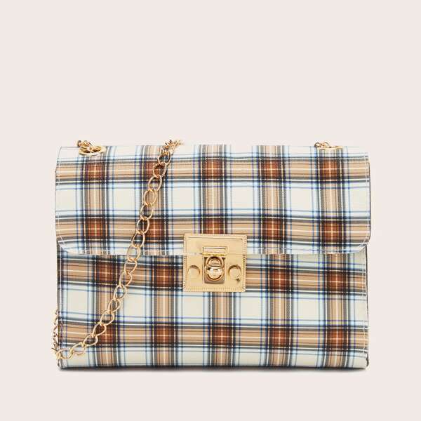 

Plaid Pattern Flap Chain Bag, Multicolor