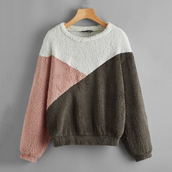 

Drop Shoulder Colorblock Teddy Pullover, Multicolor