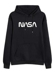 SHEIN EZwear Letter Graphic Thermal Lined Drawstring Hoodie - Black - View 1