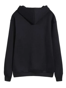 SHEIN EZwear Letter Graphic Thermal Lined Drawstring Hoodie - Black - View 2