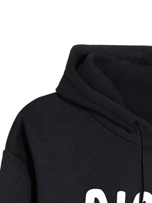 SHEIN EZwear Letter Graphic Thermal Lined Drawstring Hoodie - Black - View 5