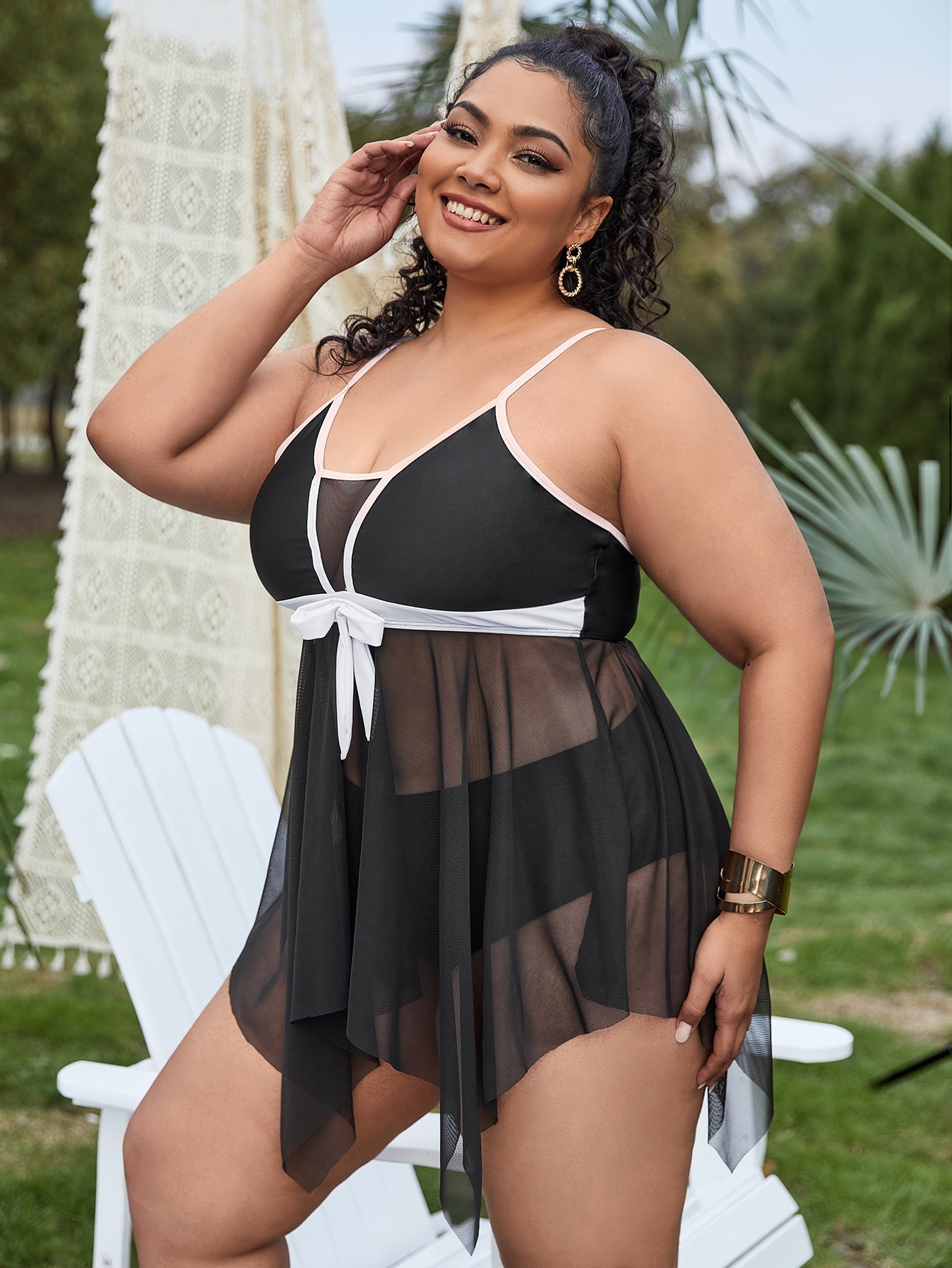 Plus Asymmetrical Hem Sheer Mesh Bikini Swimsuit thumbnail