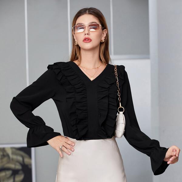 

Layered Ruffle Flounce Sleeve Blouse, Black