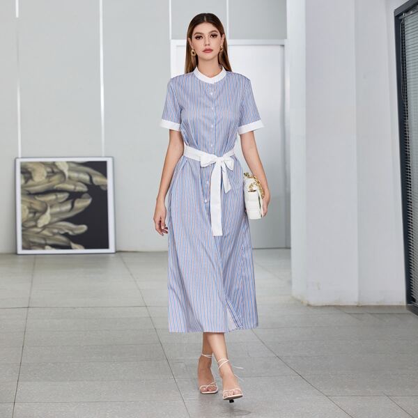 

Vertical Striped Contrast Trim Belted Button Front Dress, Multicolor