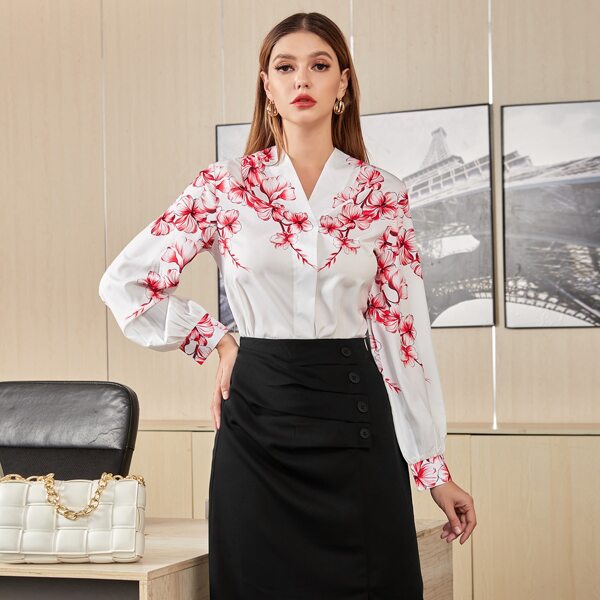 

Floral Print V-neck Blouse, White