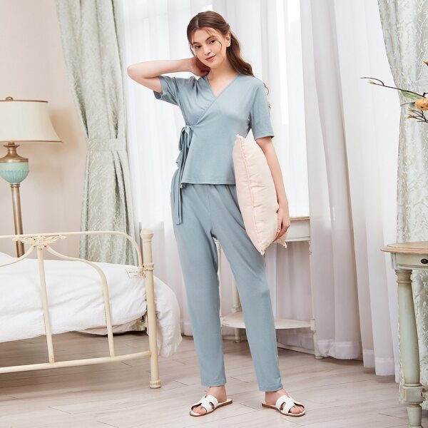 

Ribbed Wrap Tie Side Top & Pants, Dusty blue