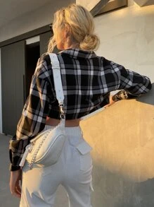 Aveloria Affinna Plaid Button Up Super Crop Shirt - Black and White - View 2