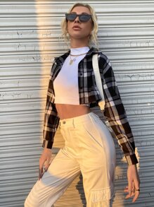 Aveloria Affinna Plaid Button Up Super Crop Shirt - Black and White - View 3