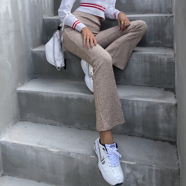 

Elastic Waist Flare Leg Knit Pants, Camel