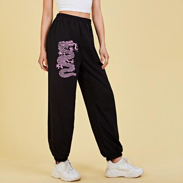 

Chinese Dragon Print Sweatpants, Black