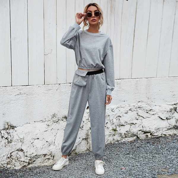 

Solid Crop Sweatshirt & Flap Pocket Sweatpants, Grey