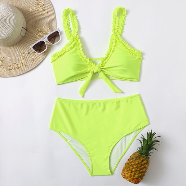 

Plus Neon Lime Frill Knot Front Bikini Swimsuit, Neon lime green