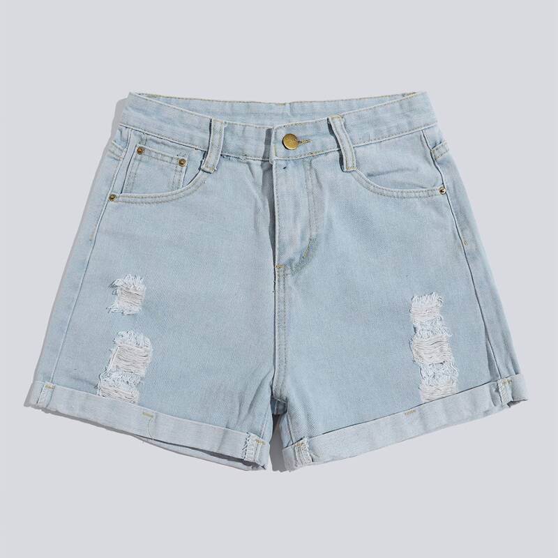 

Ripped Cuffed Denim Shorts, Light wash