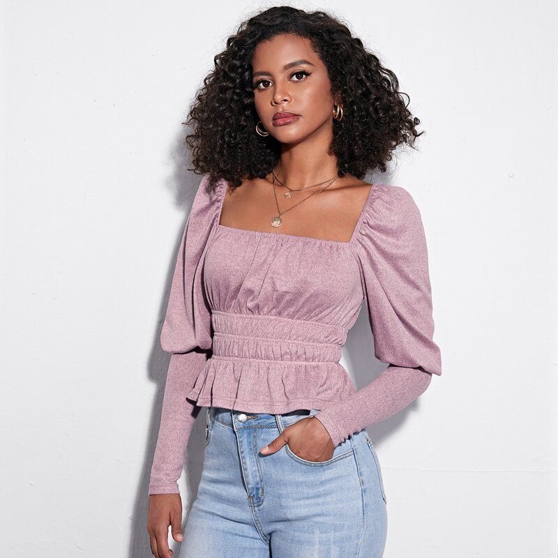 

Gigot Sleeve Ruched Solid Top, Dusty pink
