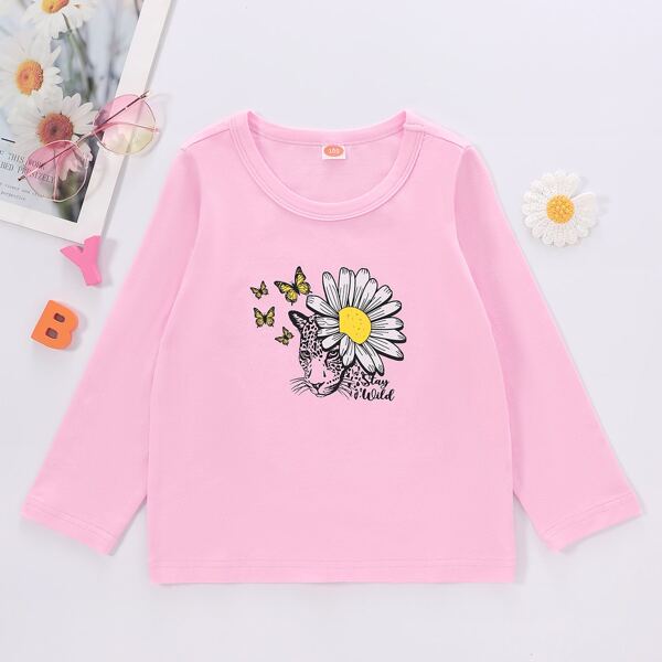 

Toddler Girls Leopard And Daisy Print Tee, Baby pink