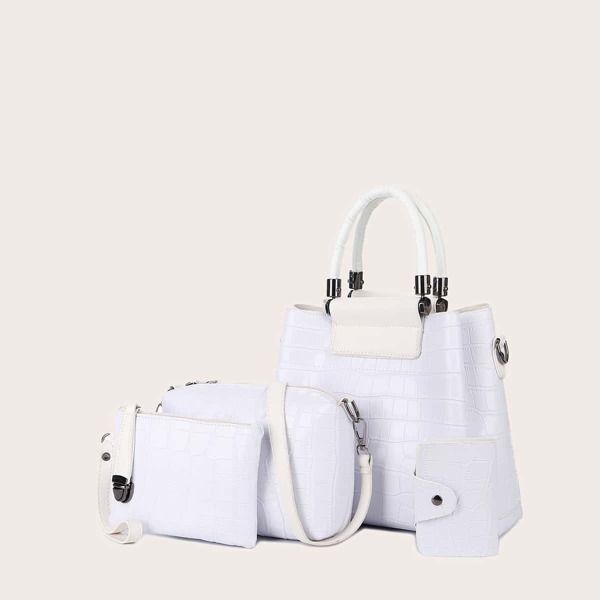 

4pcs Croc Embossed Tote Bag Set, White